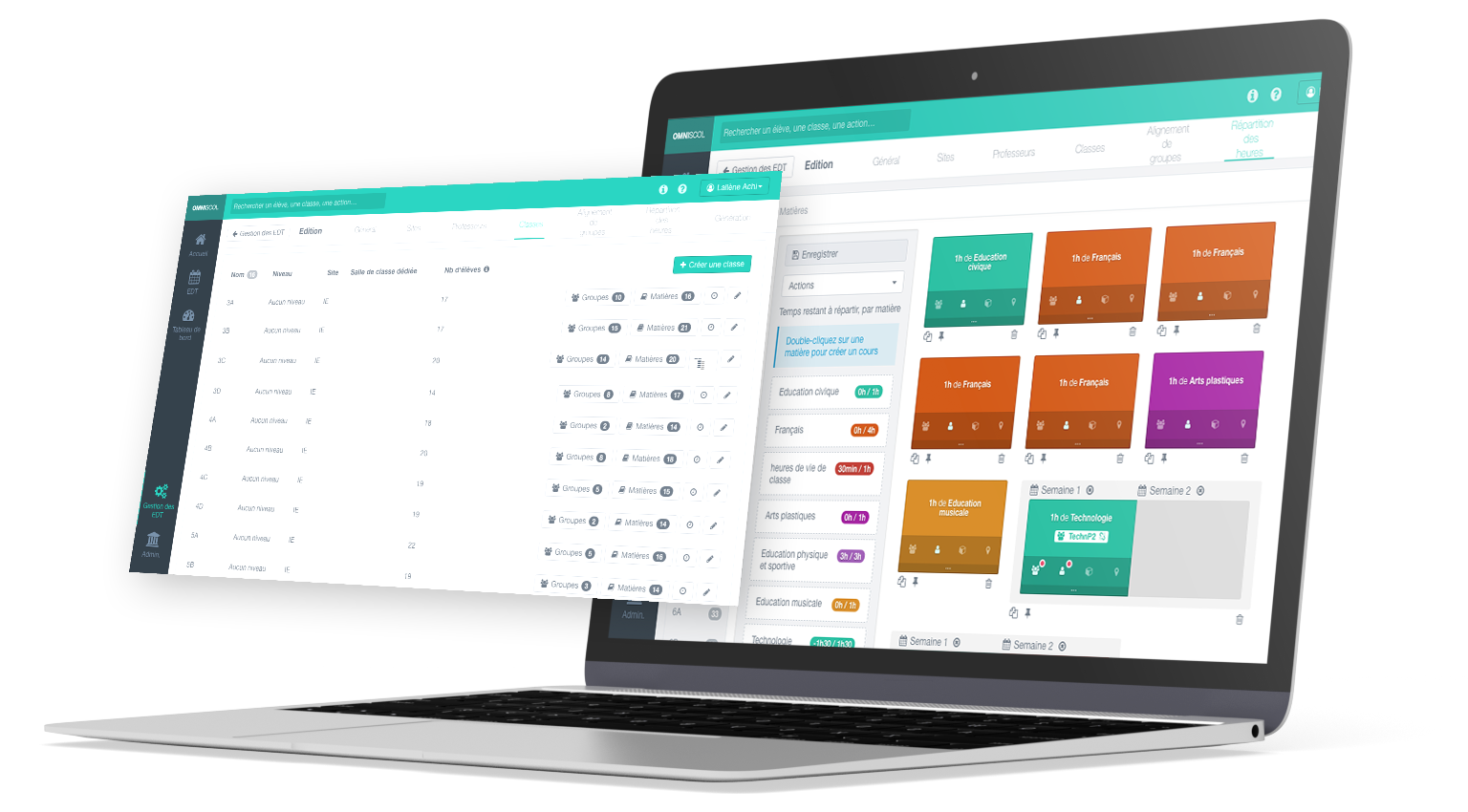 Omniscol screens for managing schedules and classes, displayed by a laptop