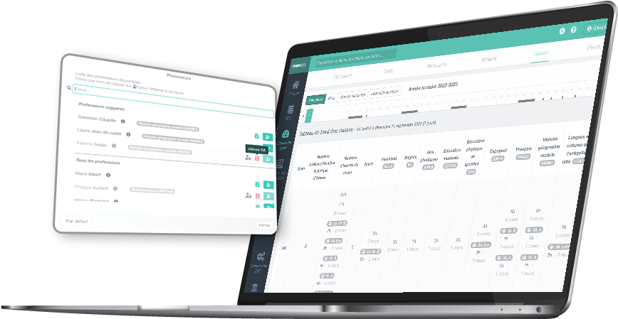 Omniscol screens of statistics and list of teachers with their availability, displayed by a laptop