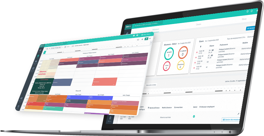 Omniscol screens for managing absences and consolidated absences on a timetable, displayed by a laptop