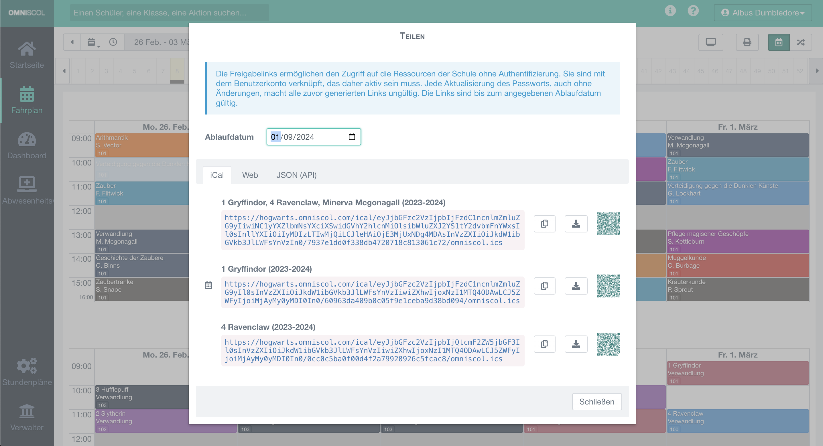 Dashboard zur Generierung eines eindeutigen Freigabelinks über iCal, Webseite oder im JSON-Datenformat (API)