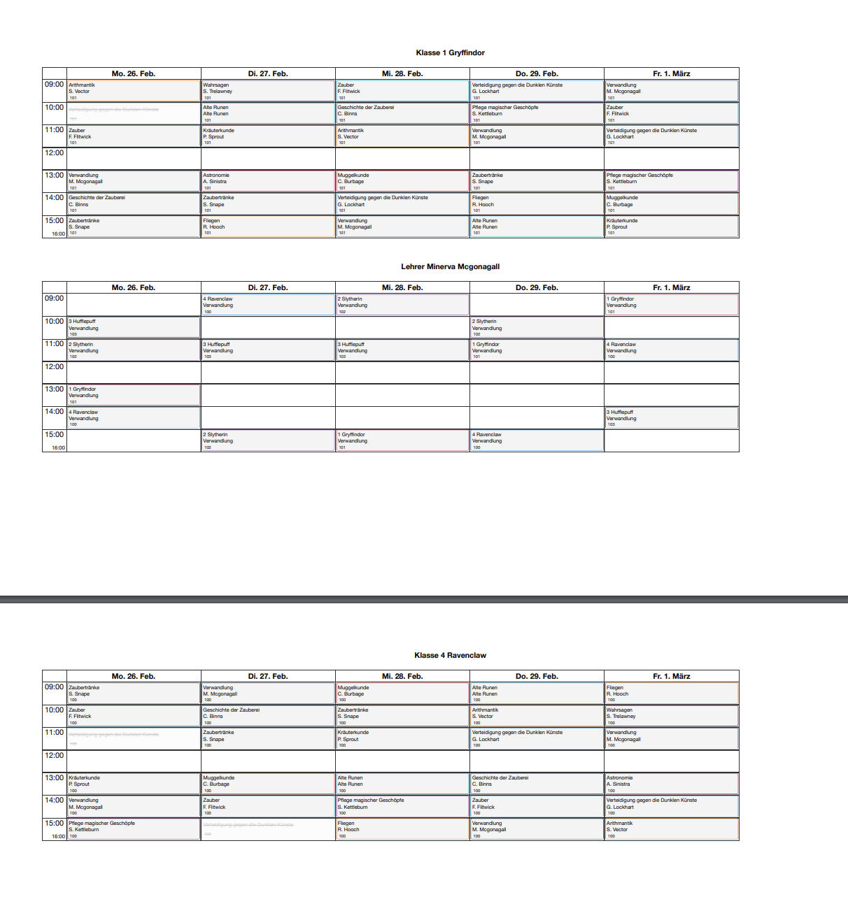 Druck eines Stundenplans