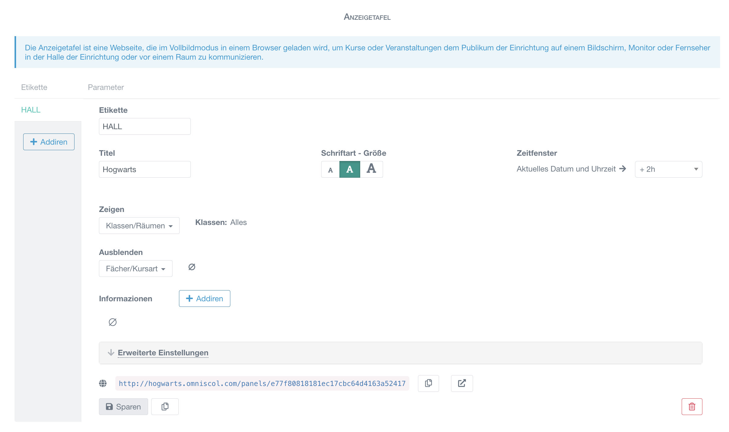 Konfiguration des Informationstafels der Schule