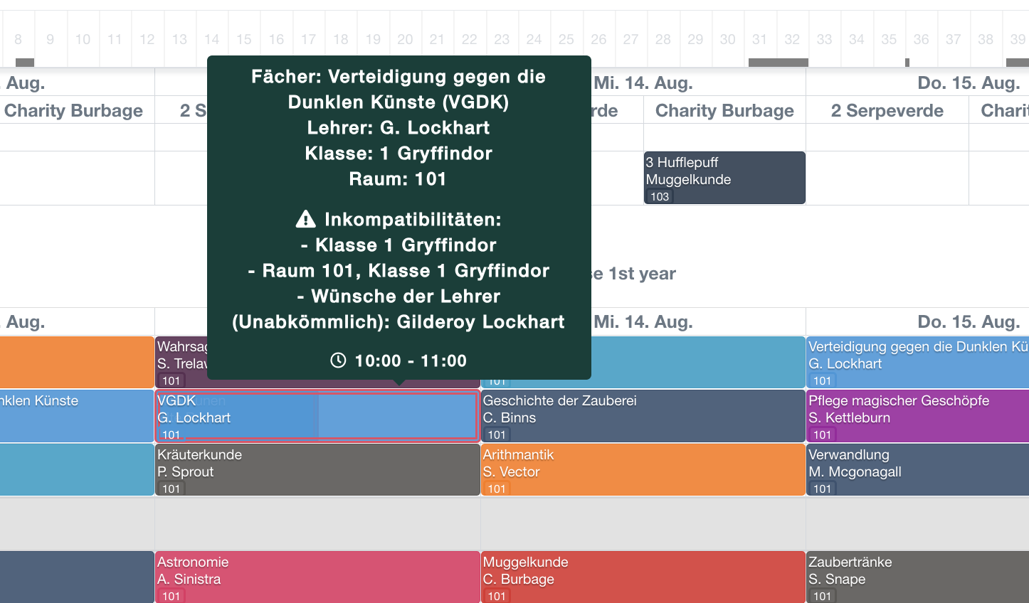 Problem erkannt: Warnungen für eine Unterrichtsstunde mit mehreren Konflikten, direkt im Stundenplan
