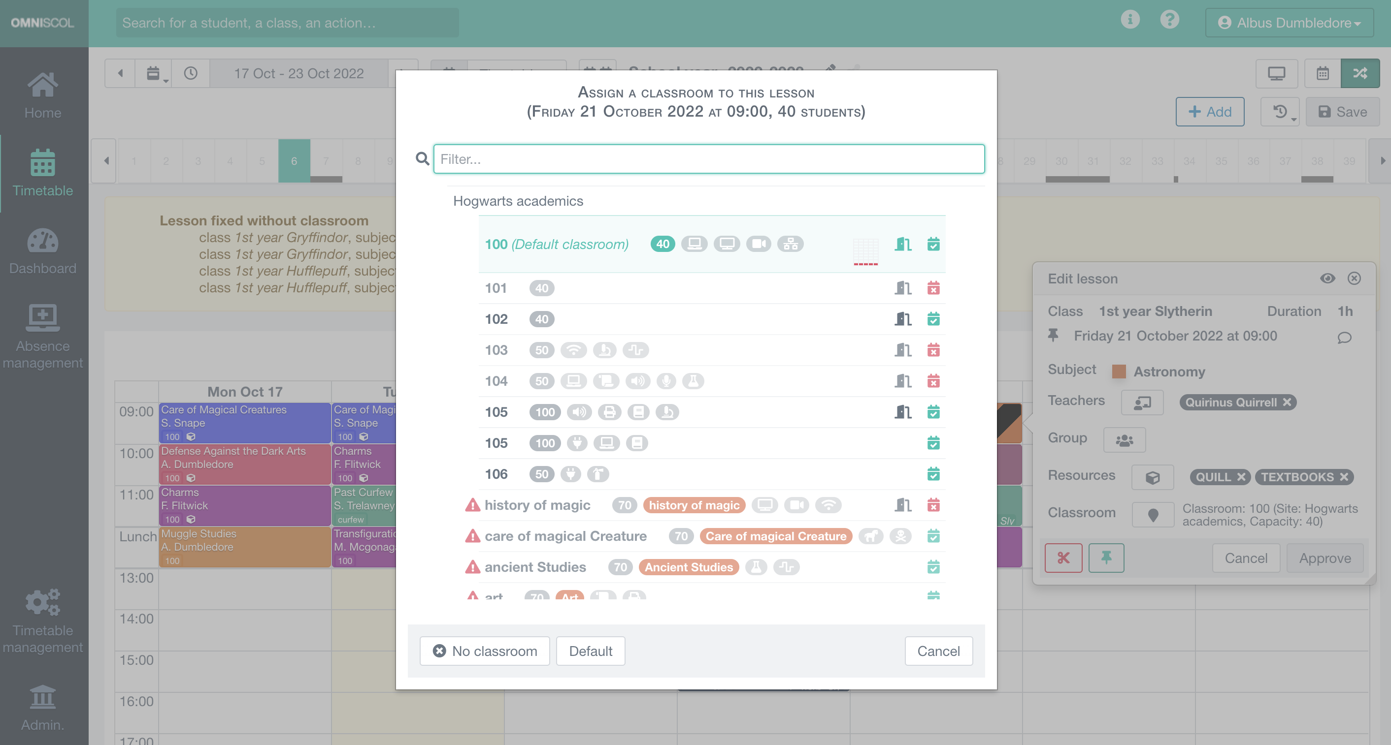 choice of a room to assign to a lesson via a list of rooms by site with names, capacities, specificities and availability, specifying potential conflicts