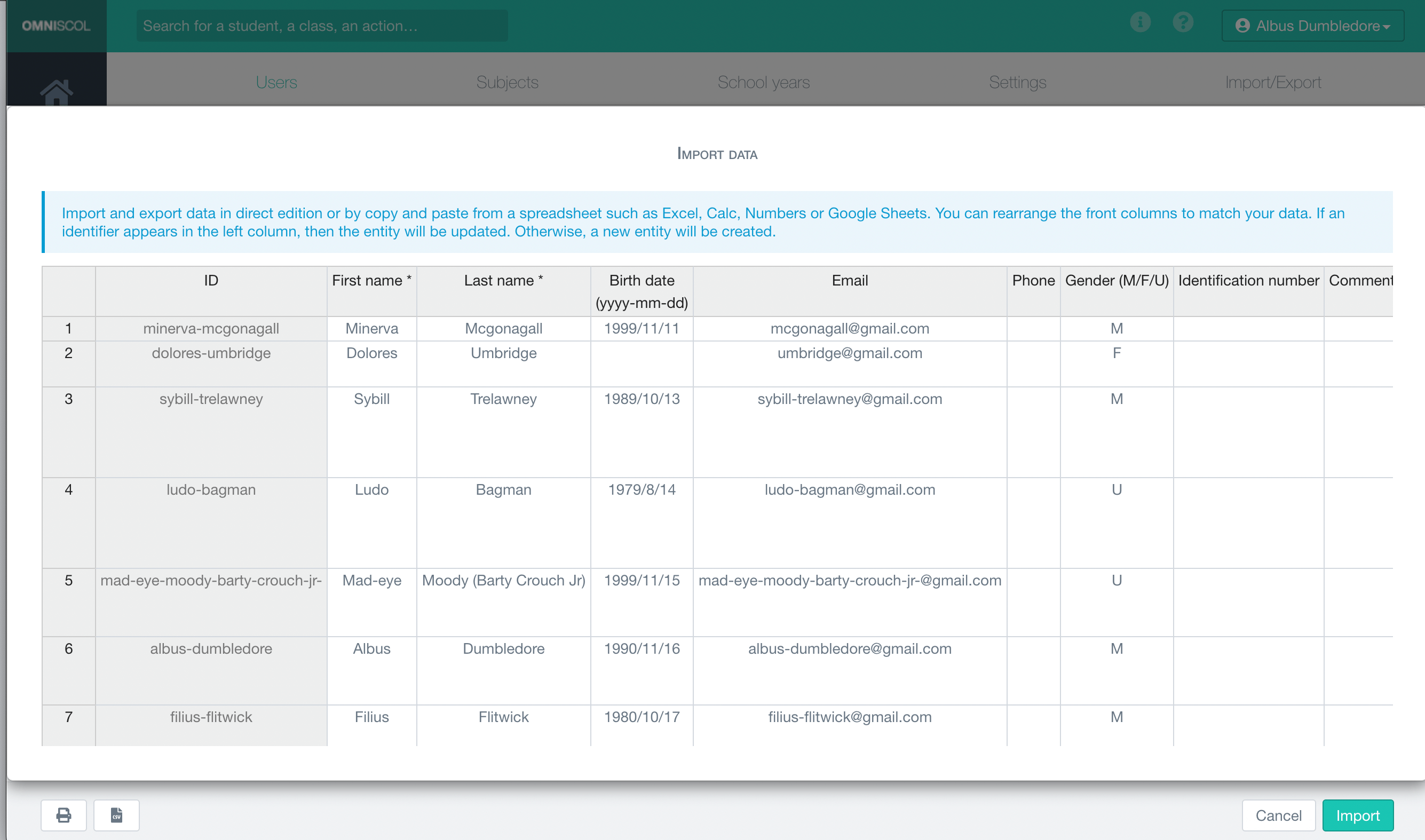 massive import of school data, e.g. users, by copying and pasting from spreadsheets (Excel, Google sheet, Numbers, etc.)