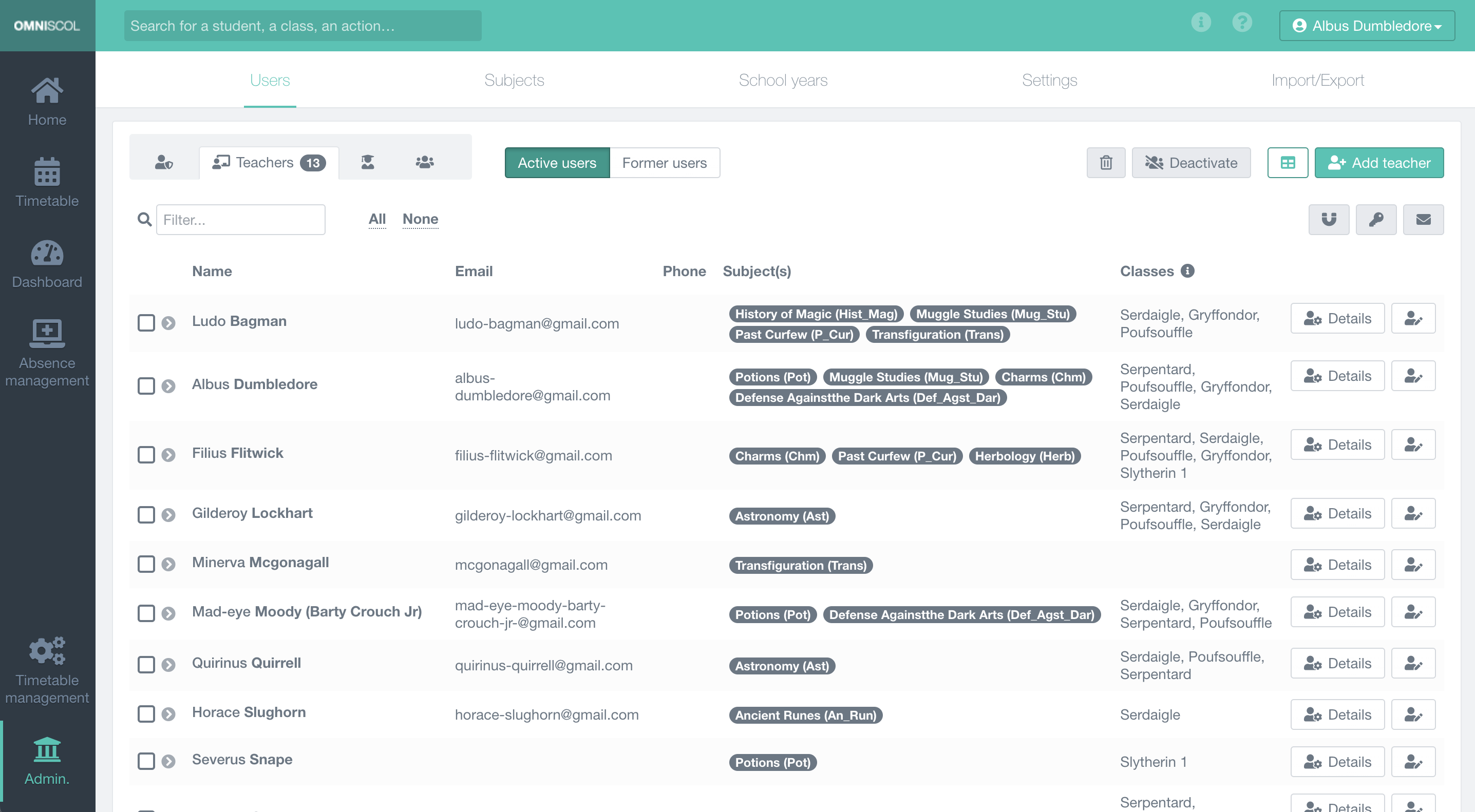 user administration module (list, information sheets, management) and general parameters