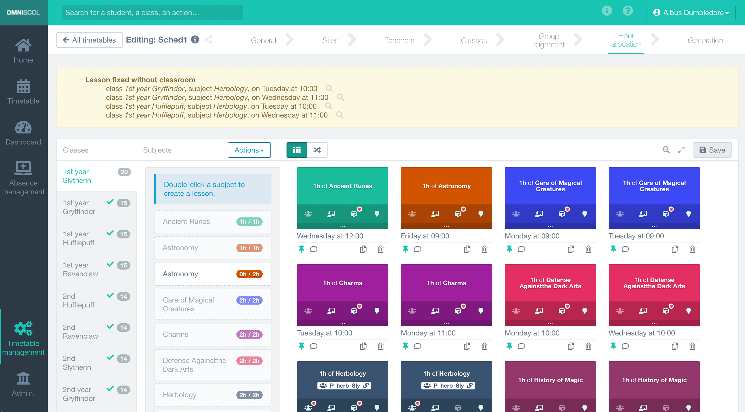 management of the school's timetable, screen for the class hour allocation, with conflict management