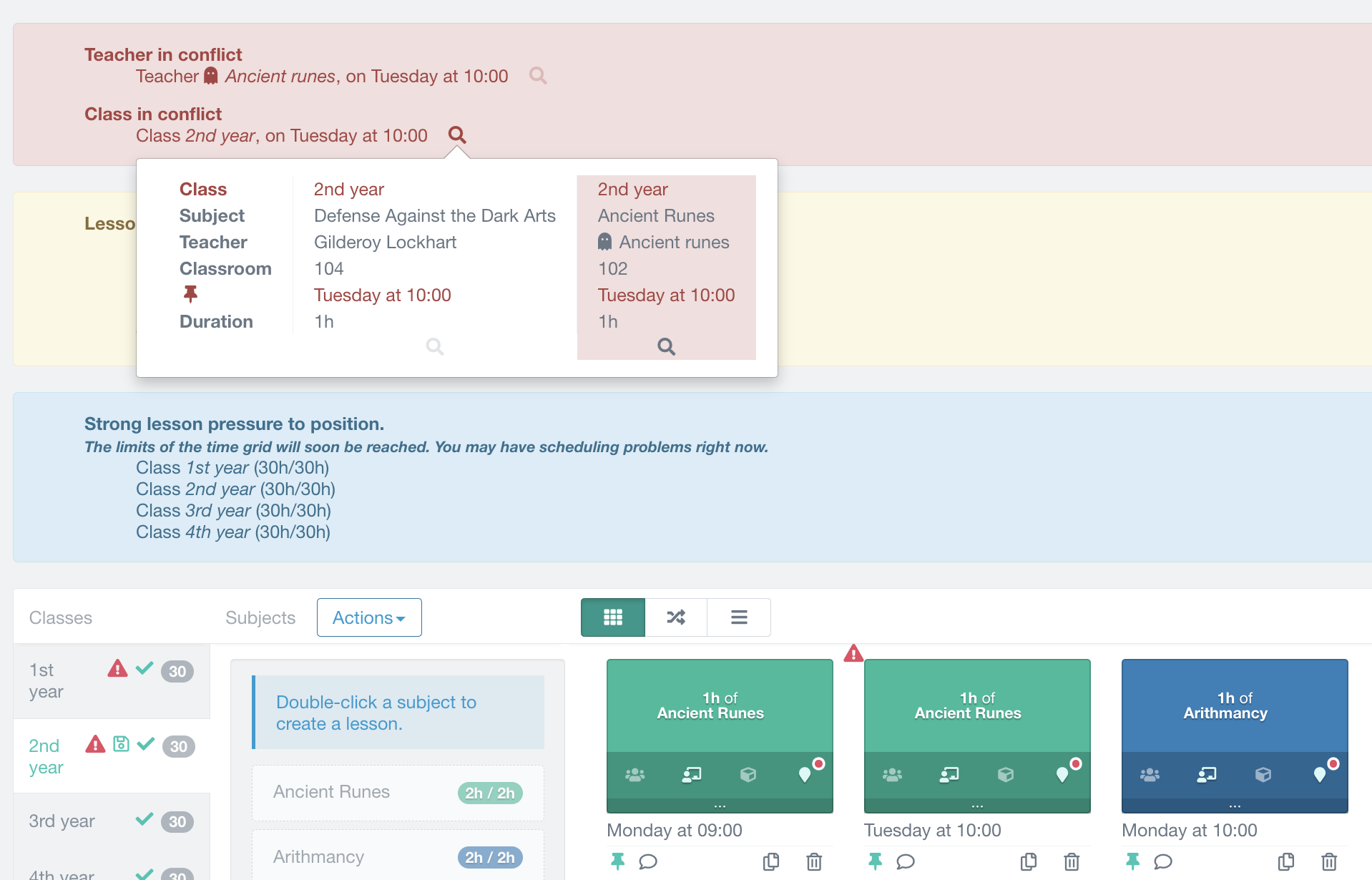 Problem detection: alert for a teacher conflict between two lessons