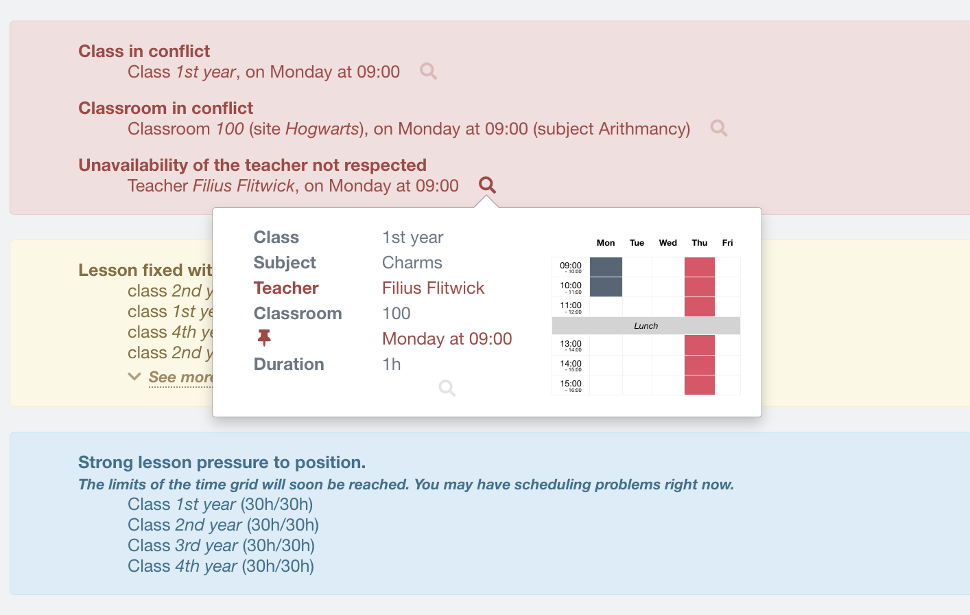 Problem detection: alert on a teacher's availability not being met