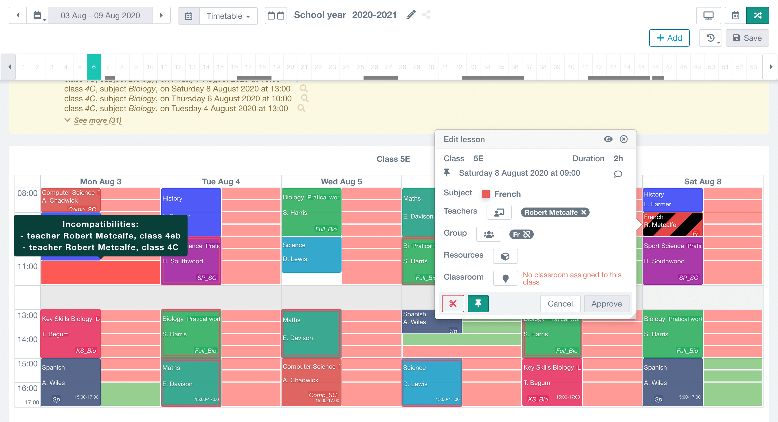 moving a lesson directly on the timetable, showing all slots with possibilities in green and conflicting positions in red or orange