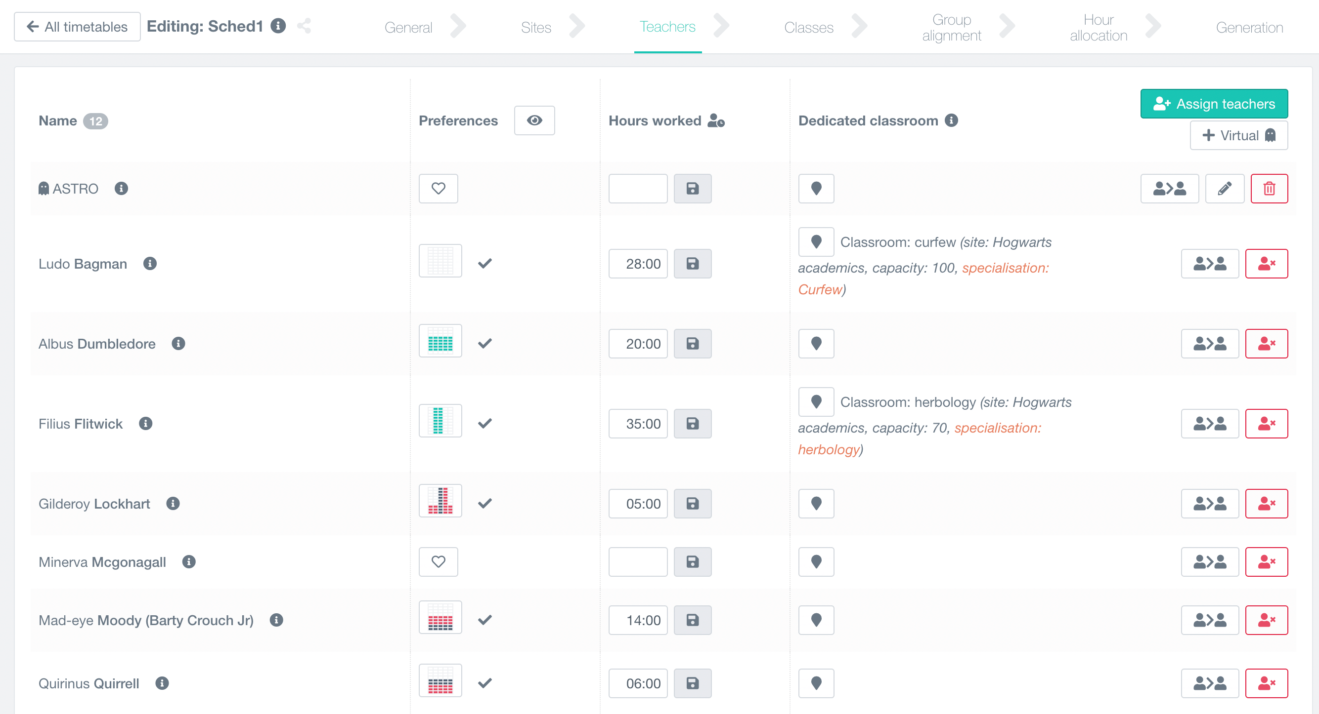 import of teachers into the timetable being designed, with management of the wishes taken into account, the planned time service, the optional preferred room
