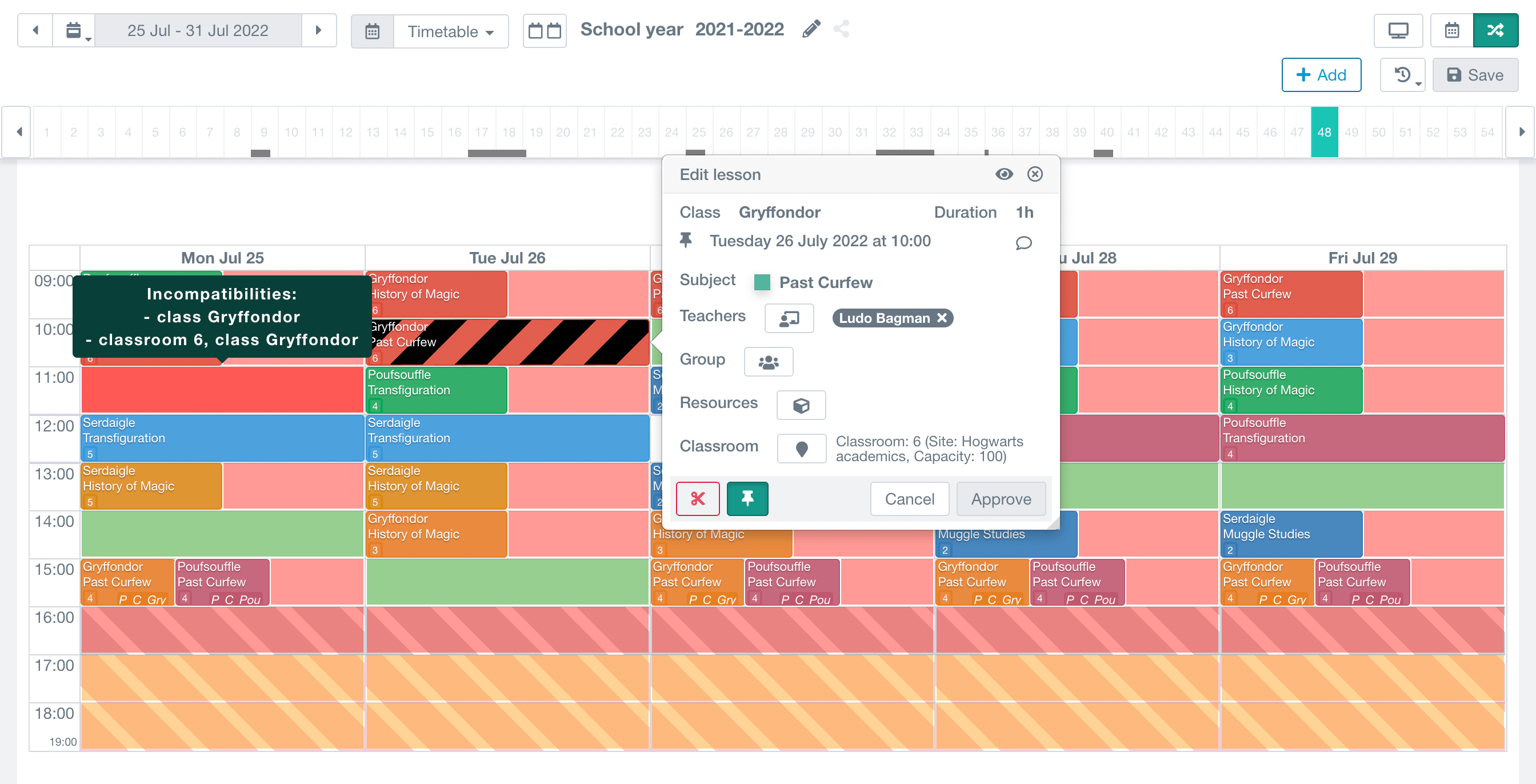 moving a lesson on a teacher's timetable, showing all possible slots (green) and those in conflict (red), notably due to unavailability (wishes)