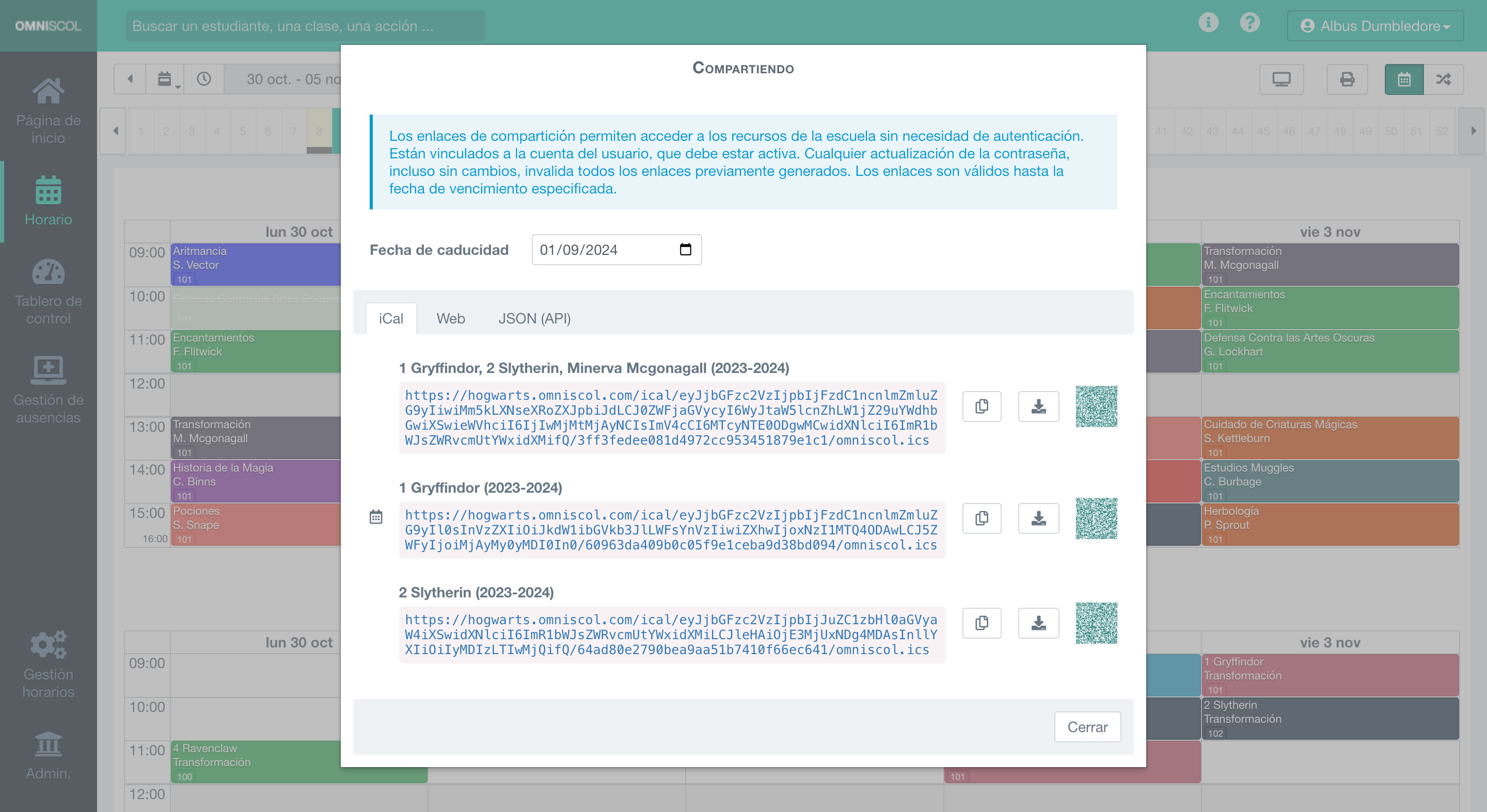 panel de generación de enlace único para compartir a través de iCal, página web o en formato de datos JSON (API)