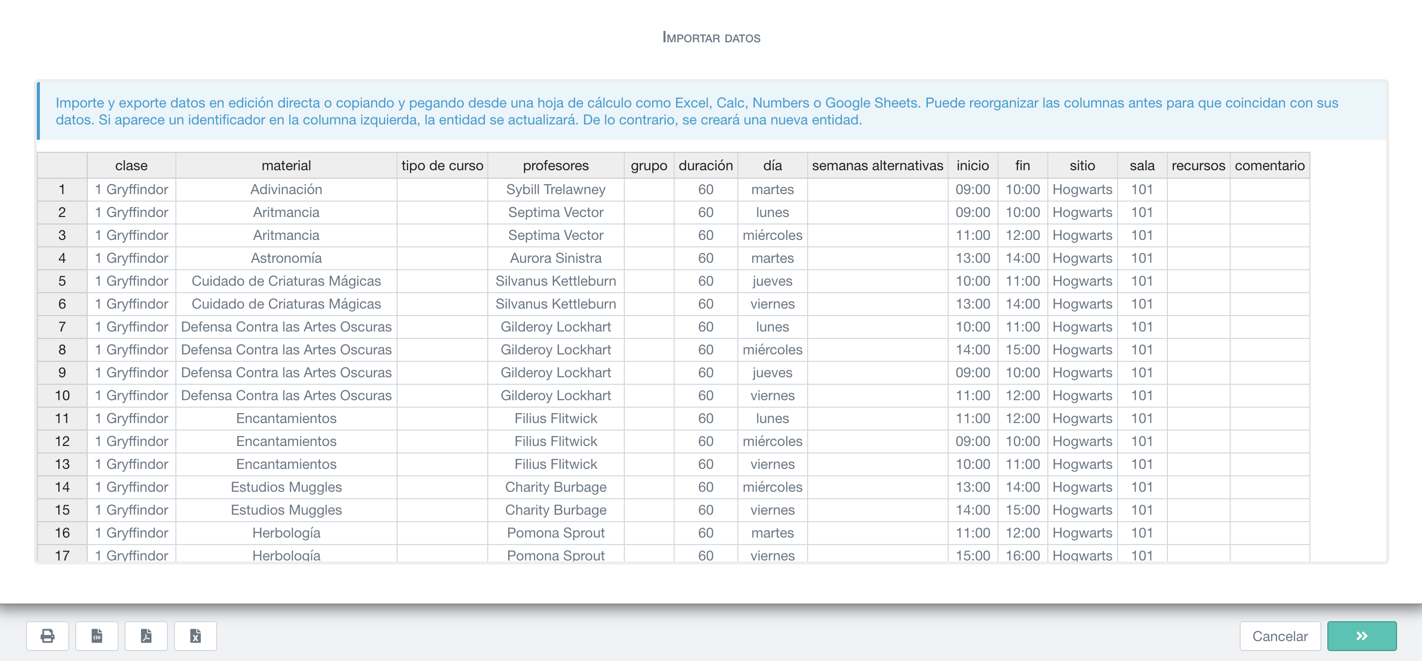 importación masiva de un horario completo mediante una lista de cursos copiada y pegada desde una hoja de cálculo (Excel, Google Sheets, Numbers, etc.)