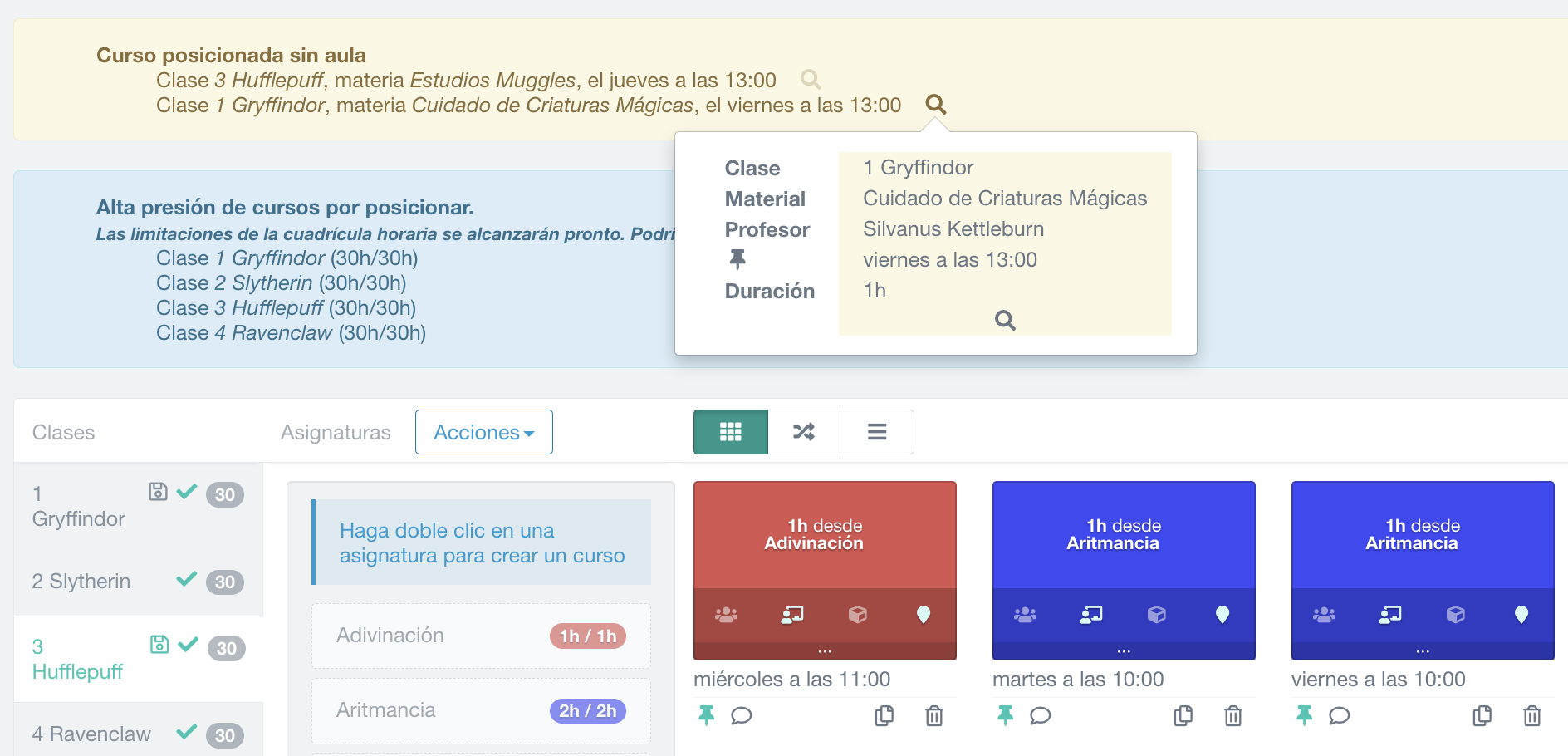 detección de problema en una clase: alerta por aula no definida