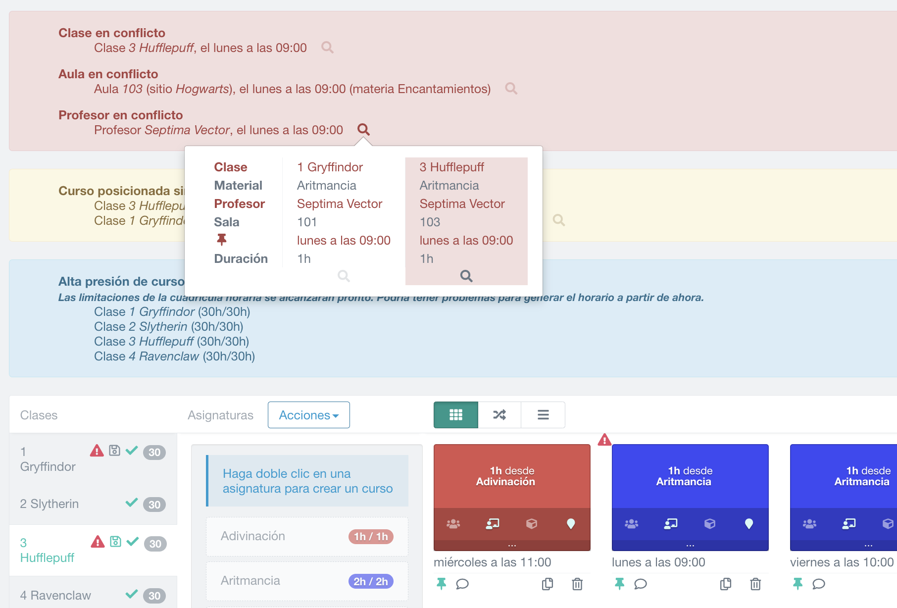detección de problema: alerta por conflicto de profesor entre dos clases