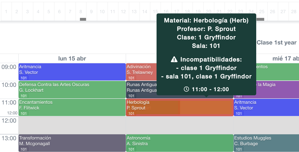 detección de problema: alertas en una clase con múltiples conflictos, directamente en el horario
