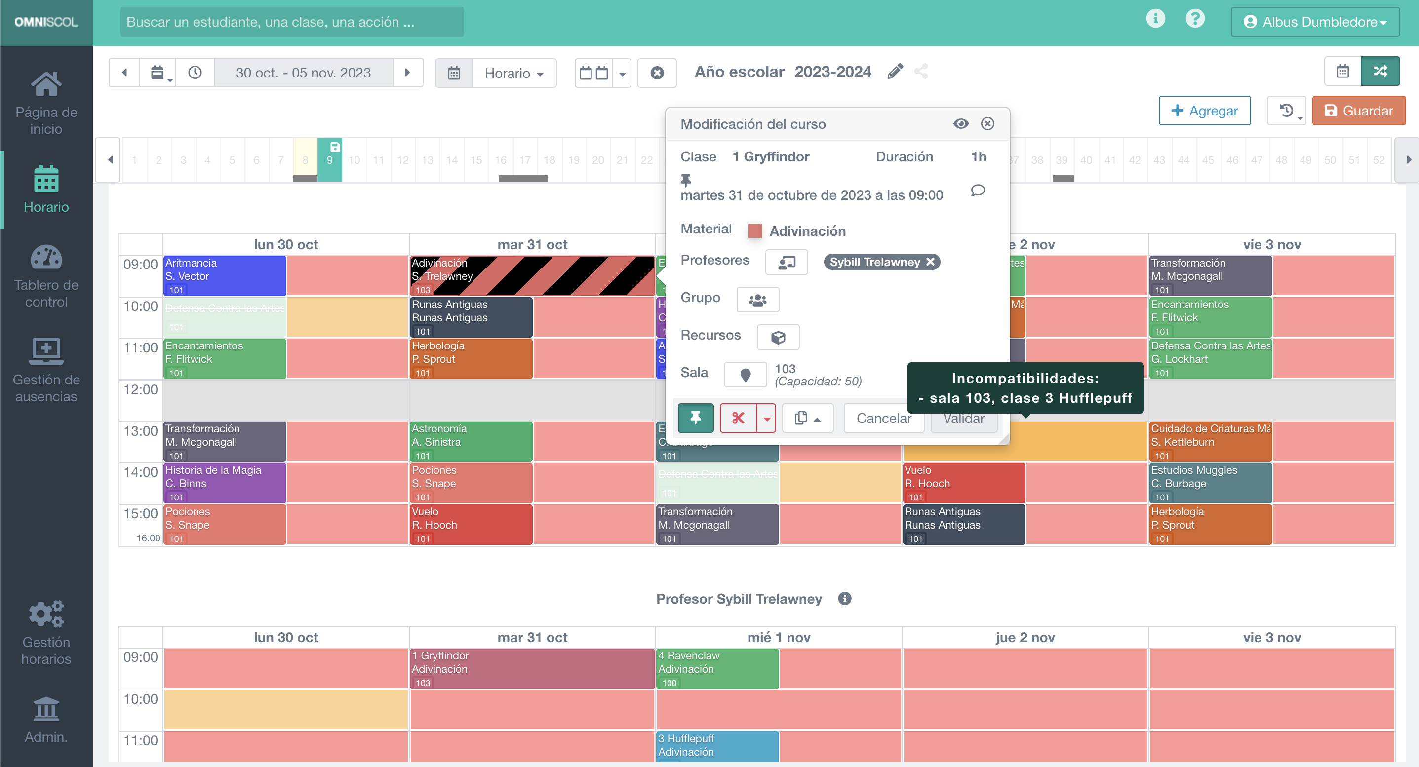 desplazamiento de una clase directamente en el horario, mostrando todos los horarios disponibles en verde y las posiciones en conflicto en rojo o naranja