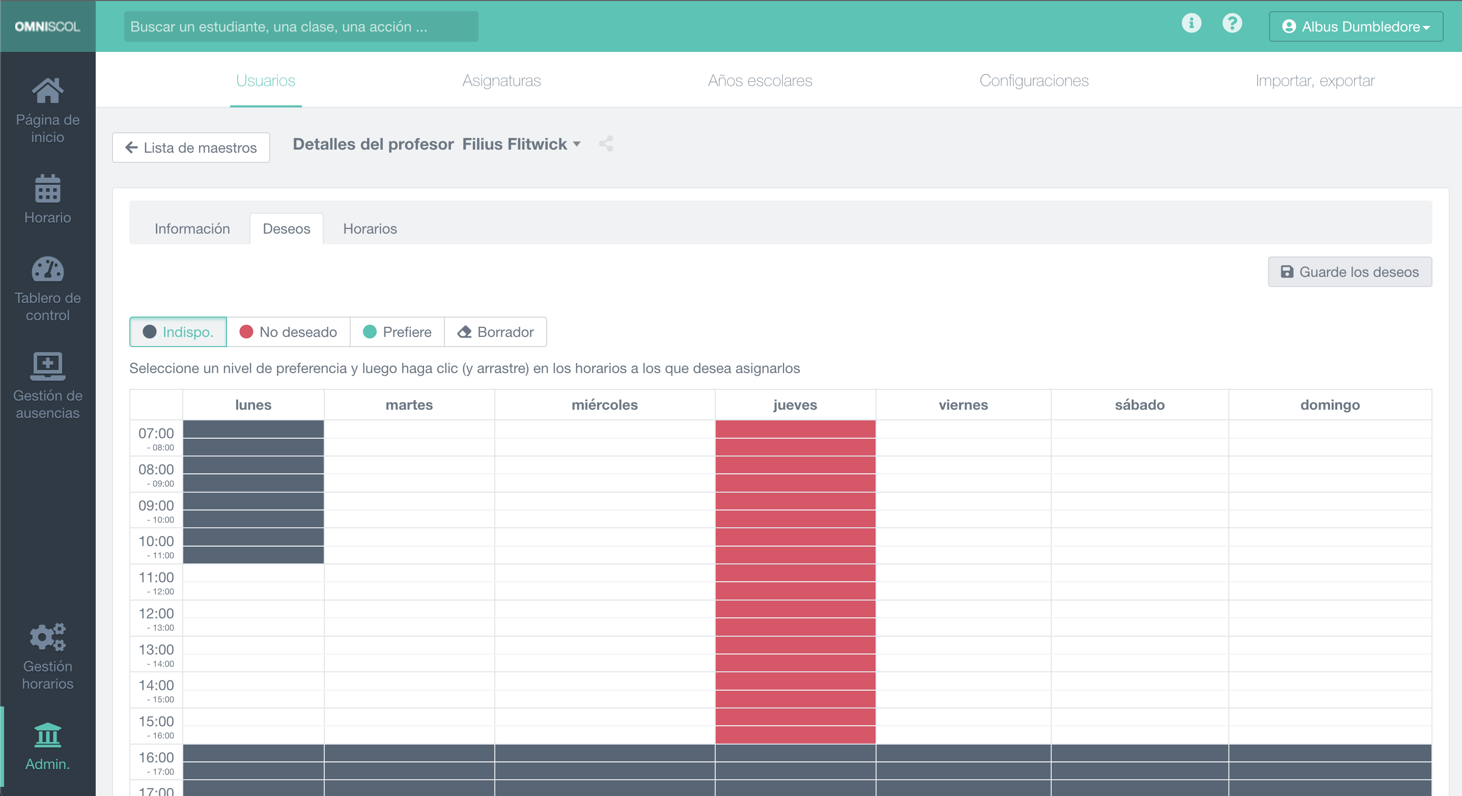 gestión de las preferencias de los profesores en un horario, donde cada franja horaria de cada día se representa como no disponible (negro), no deseada (rojo) o preferida (verde)