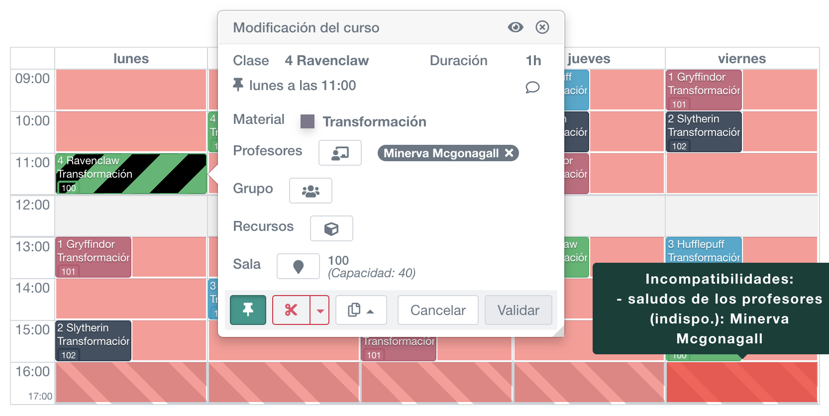 desplazamiento de una clase en el horario de un profesor, mostrando todos los horarios posibles (verde) y los que están en conflicto (rojo), especialmente debido a la indisponibilidad indicada (preferencias)