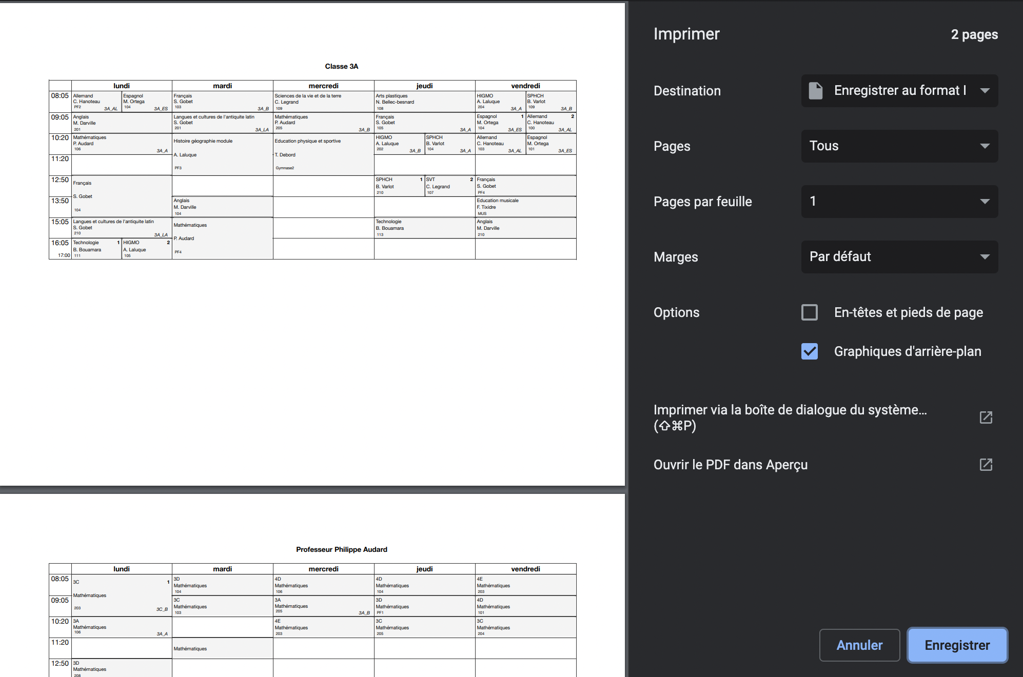 impression d'un emploi du temps