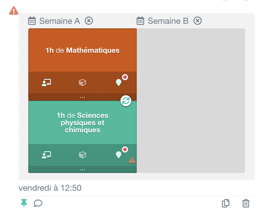 définition d'un cours complexe avec deux cours concaténés sur une semaine, la deuxième en alternance étant libre