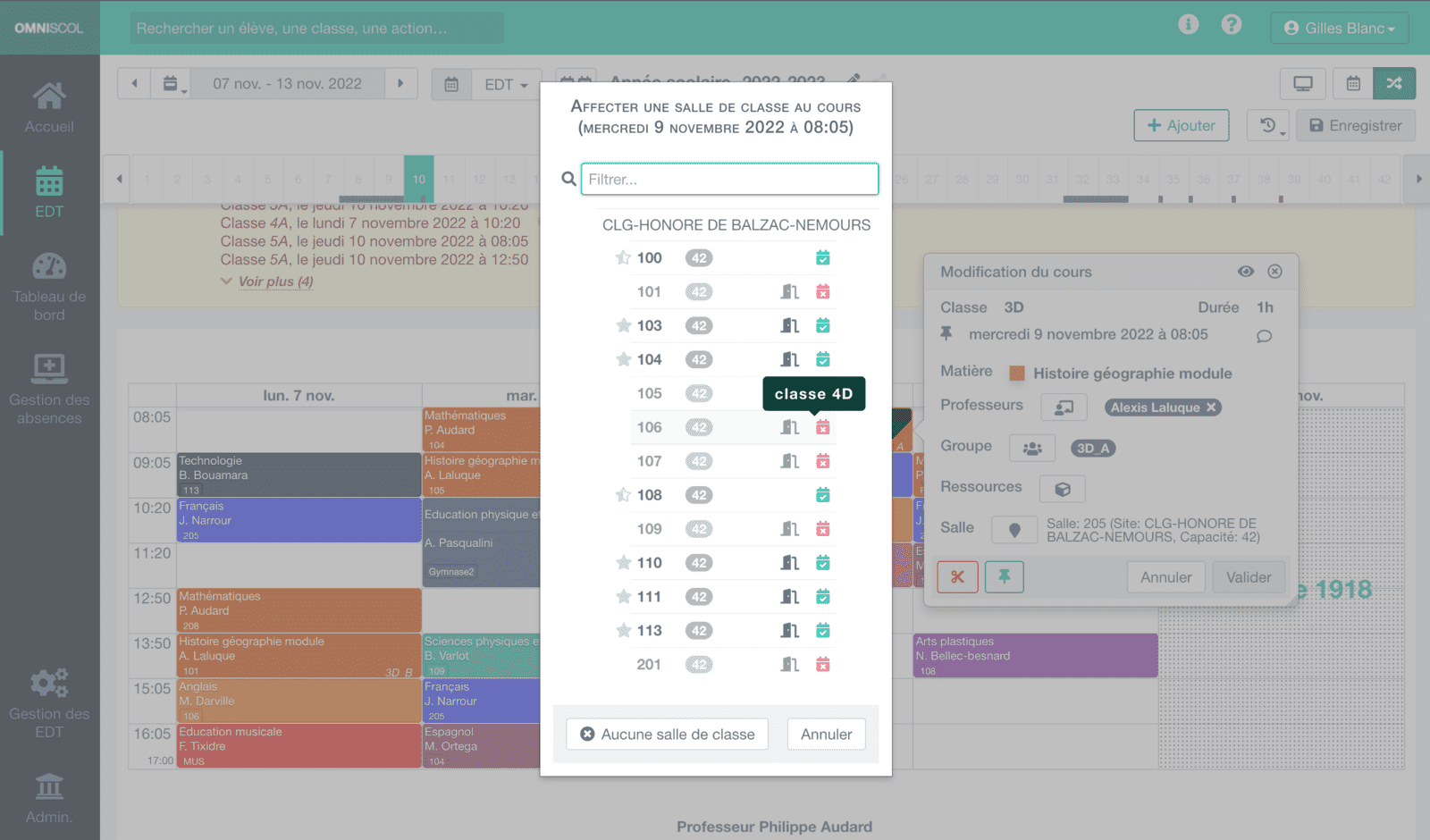 choix d'une salle à affecter à un cours via par une liste des salles par site avec noms, capacités, spécificités et disponibilités, en précisant les conflits potentiel