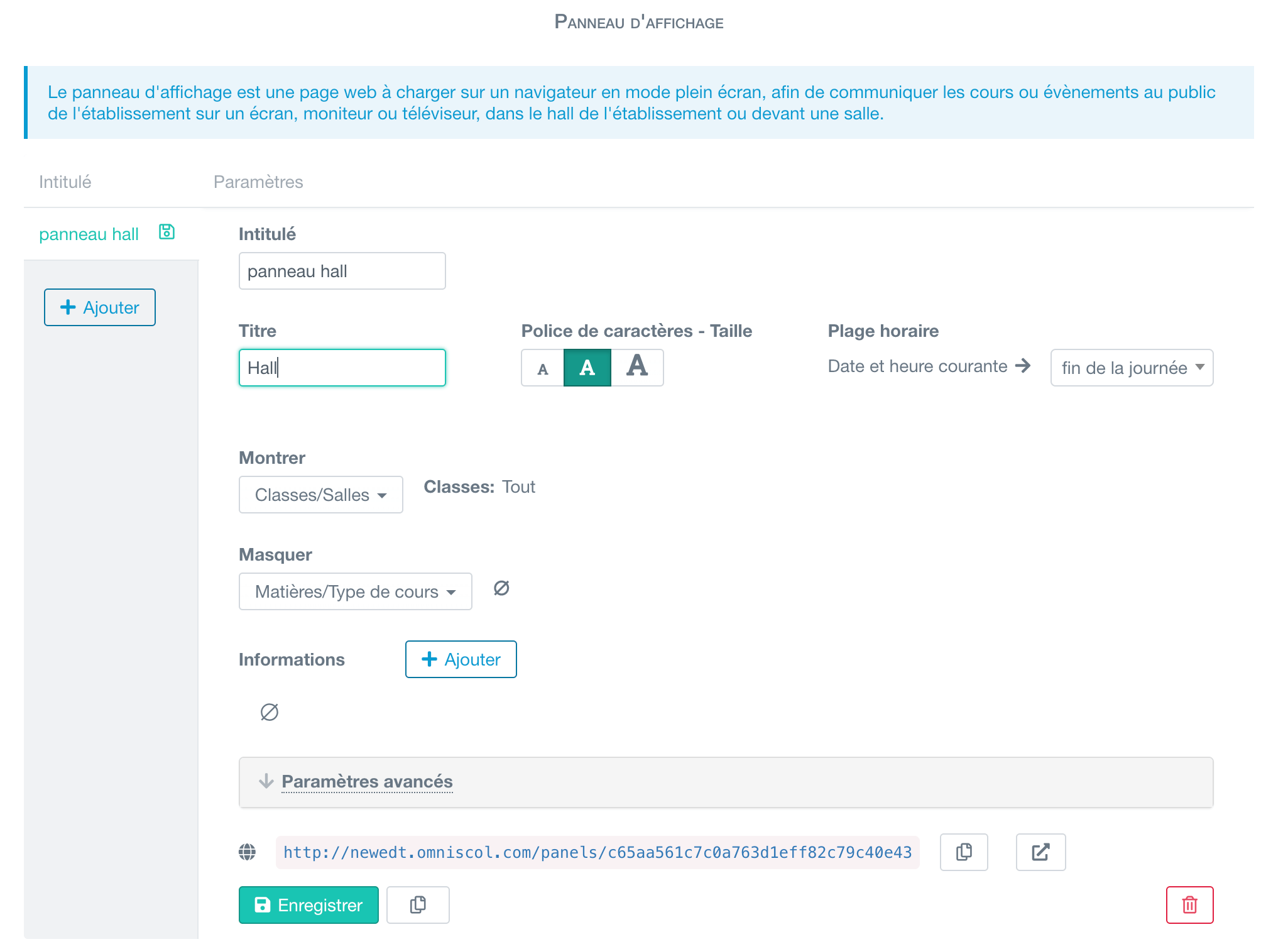 configuration du panneau d'affichage de l'école