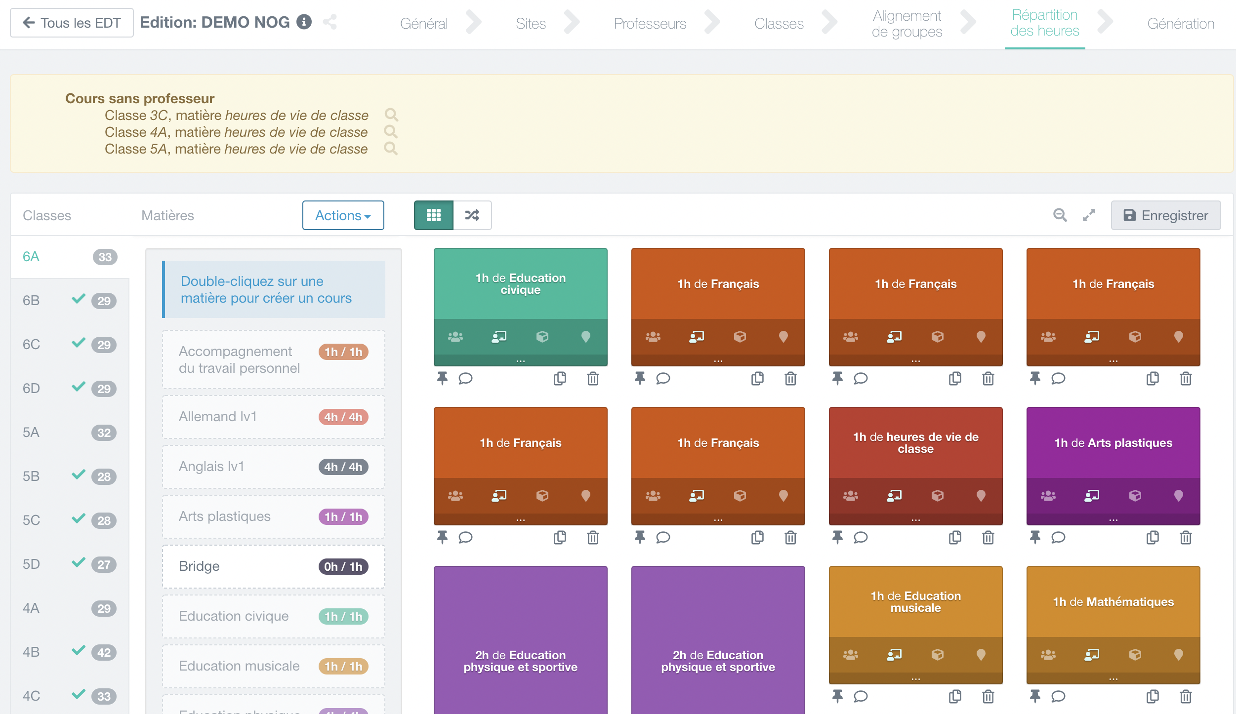 gestion des emplois du temps de l'école, écran de répartition des heures de cours avec gestion des conflits