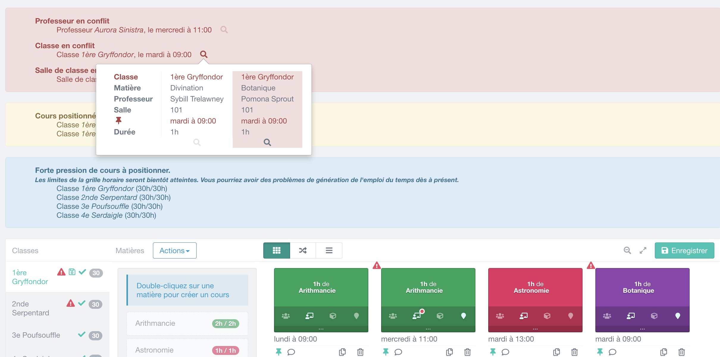 détection de problème : alerte pour professeur en conflit entre deux cours