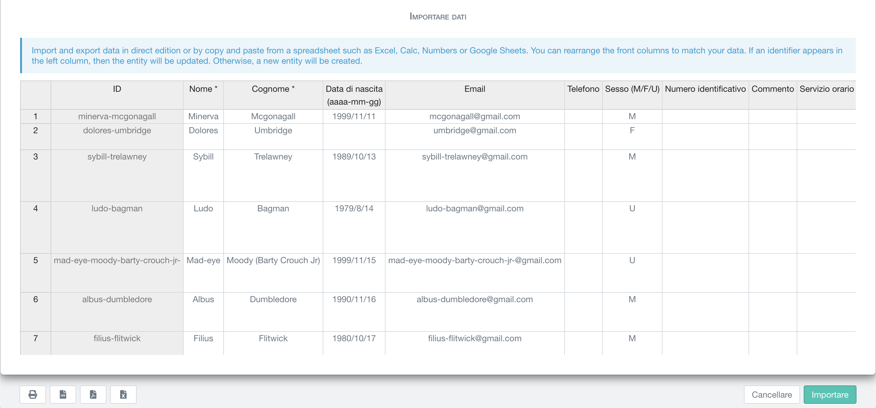 importazione di grandi quantità di dati della scuola, ad esempio gli utenti, tramite copia-incolla da foglio elettronico (Excel, Google Sheets, Numbers, ecc.)
