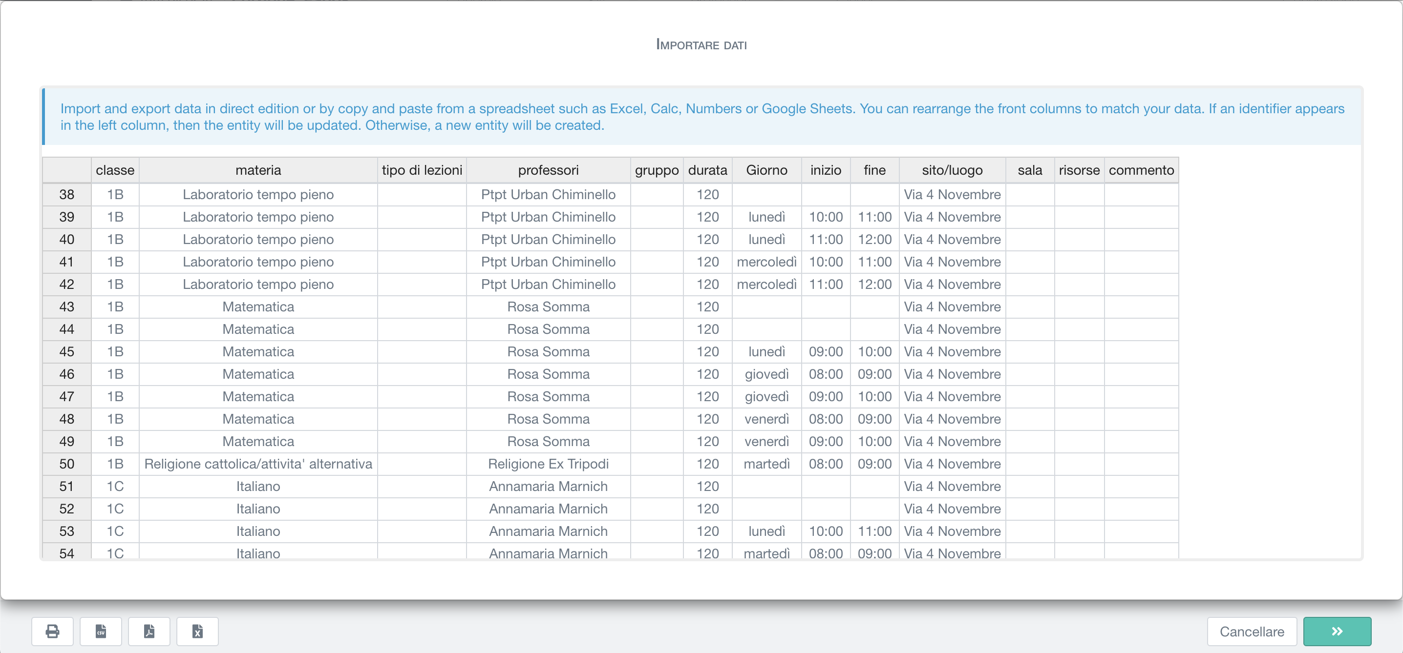 importazione massiva di un orario delle lezioni completo tramite copia-incolla da un foglio elettronico (Excel, Google Sheets, Numbers, ecc.)