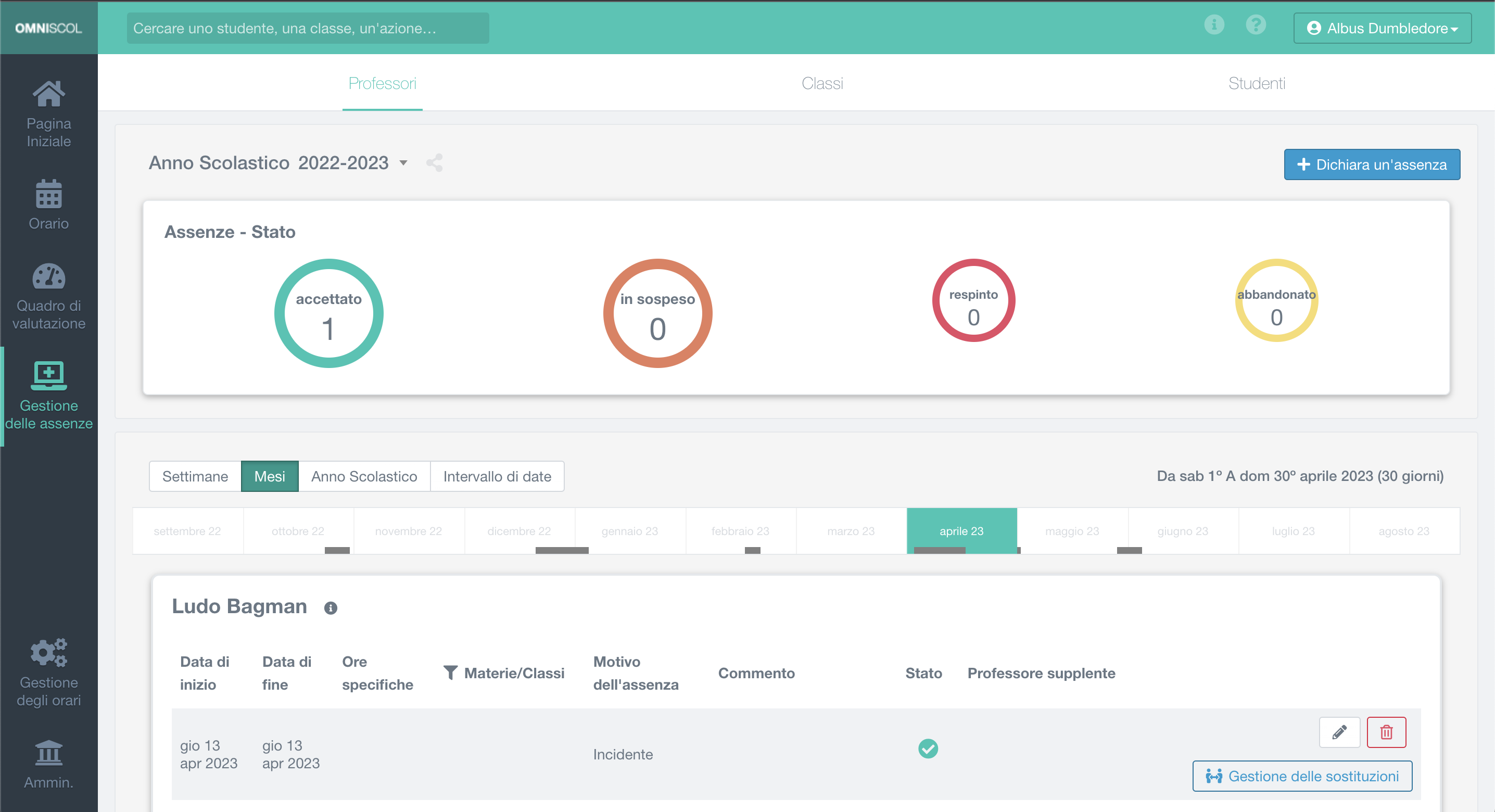 inserimento e gestione delle assenze dei professori, delle classi e degli studenti, con gestione delle sostituzioni dei professori