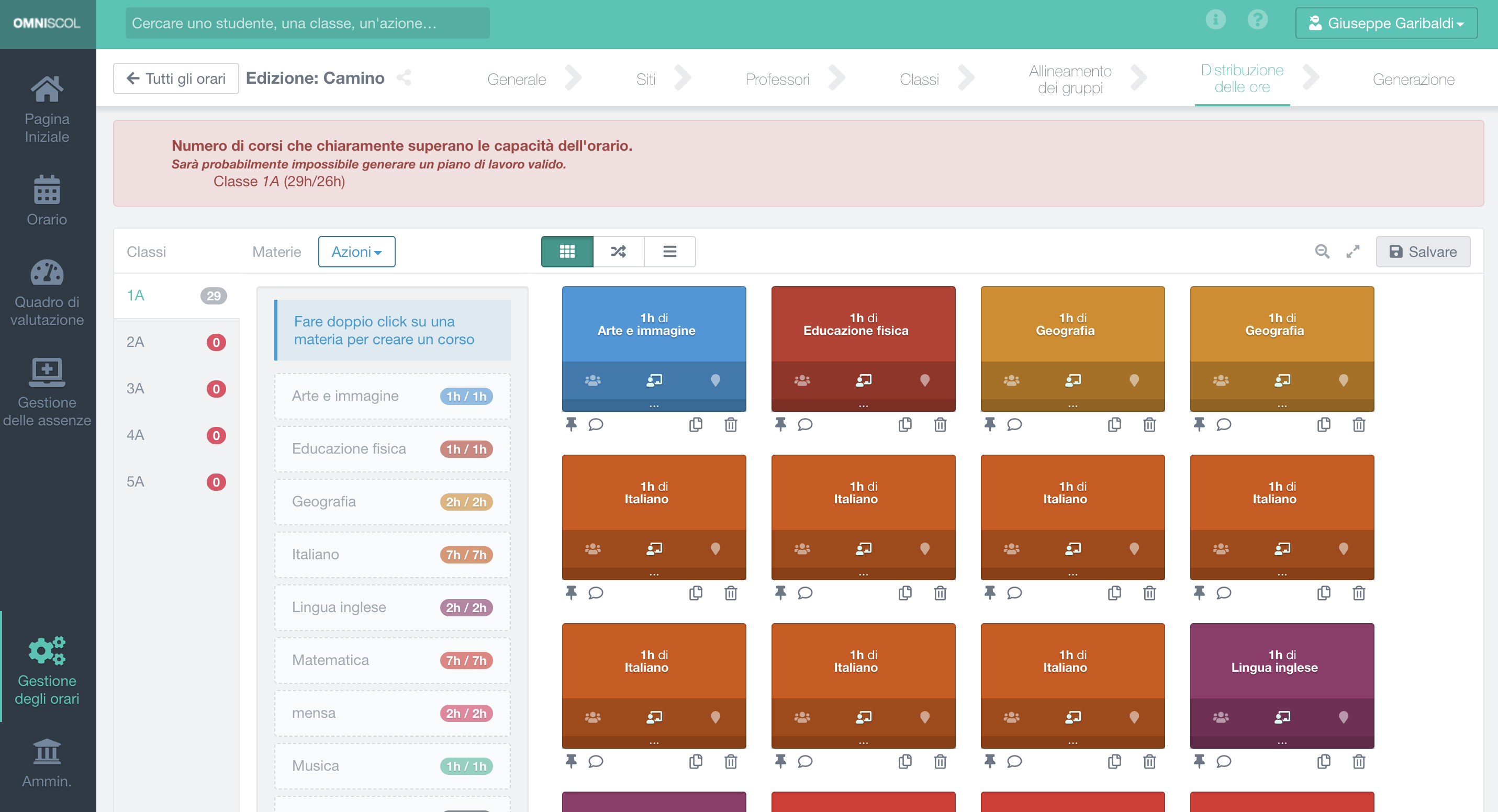 gestione degli orari delle lezioni della scuola, schermo di ripartizione delle ore di lezione con gestione dei conflitti