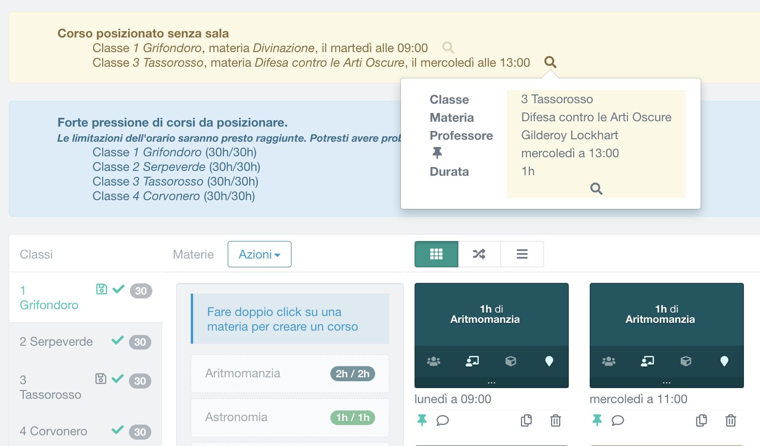 rilevamento problema su una lezione: avviso per aula non definita