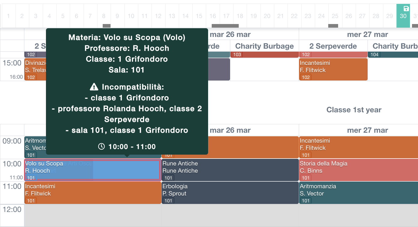 rilevamento problema: avvisi su una lezione con più conflitti, direttamente nell'orario