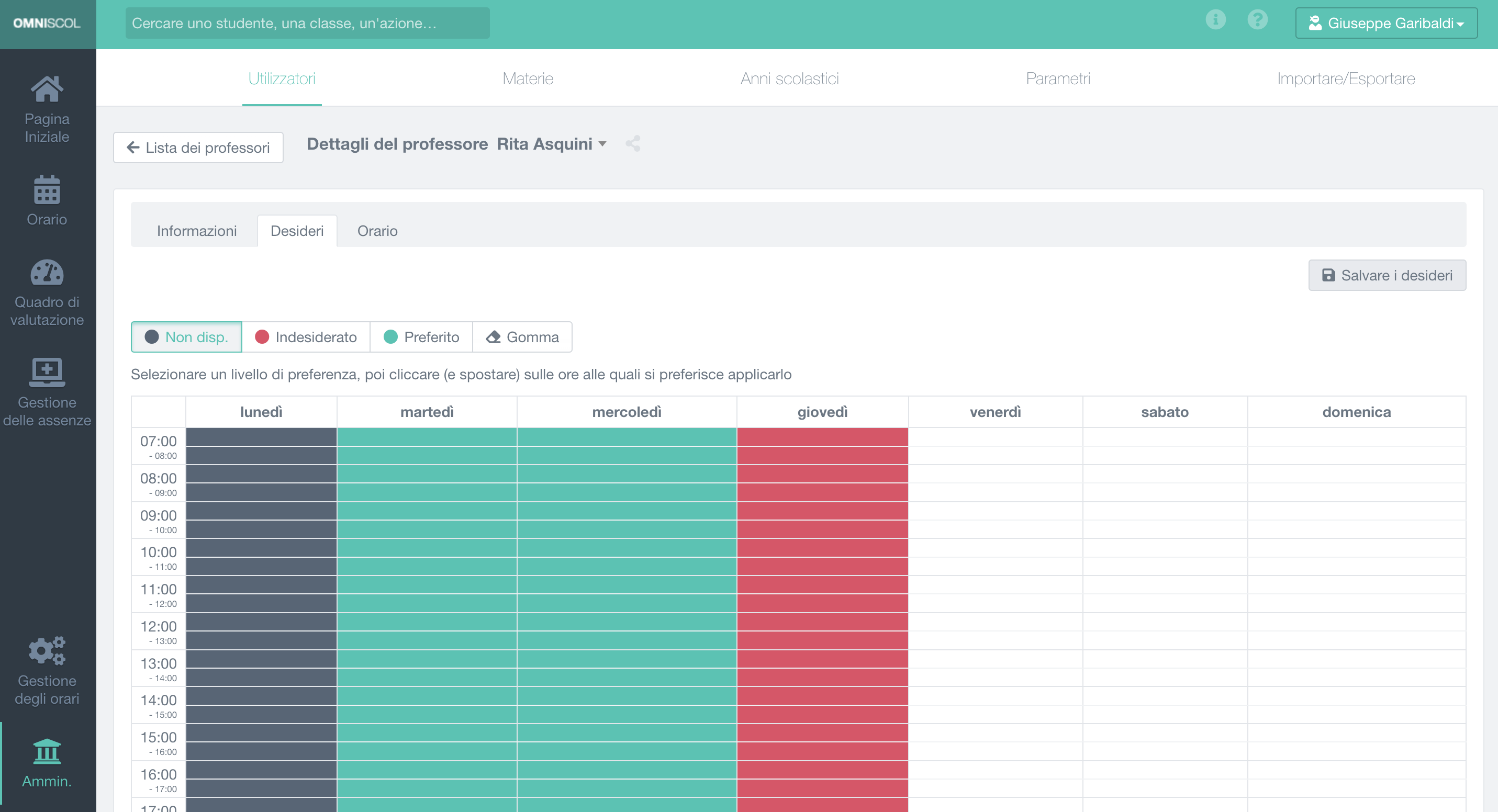 gestione delle preferenze dei professori, su un calendario da colorare, per ogni slot di ogni giornata: non disponibile (nero), non desiderato (rosso), preferito (verde)