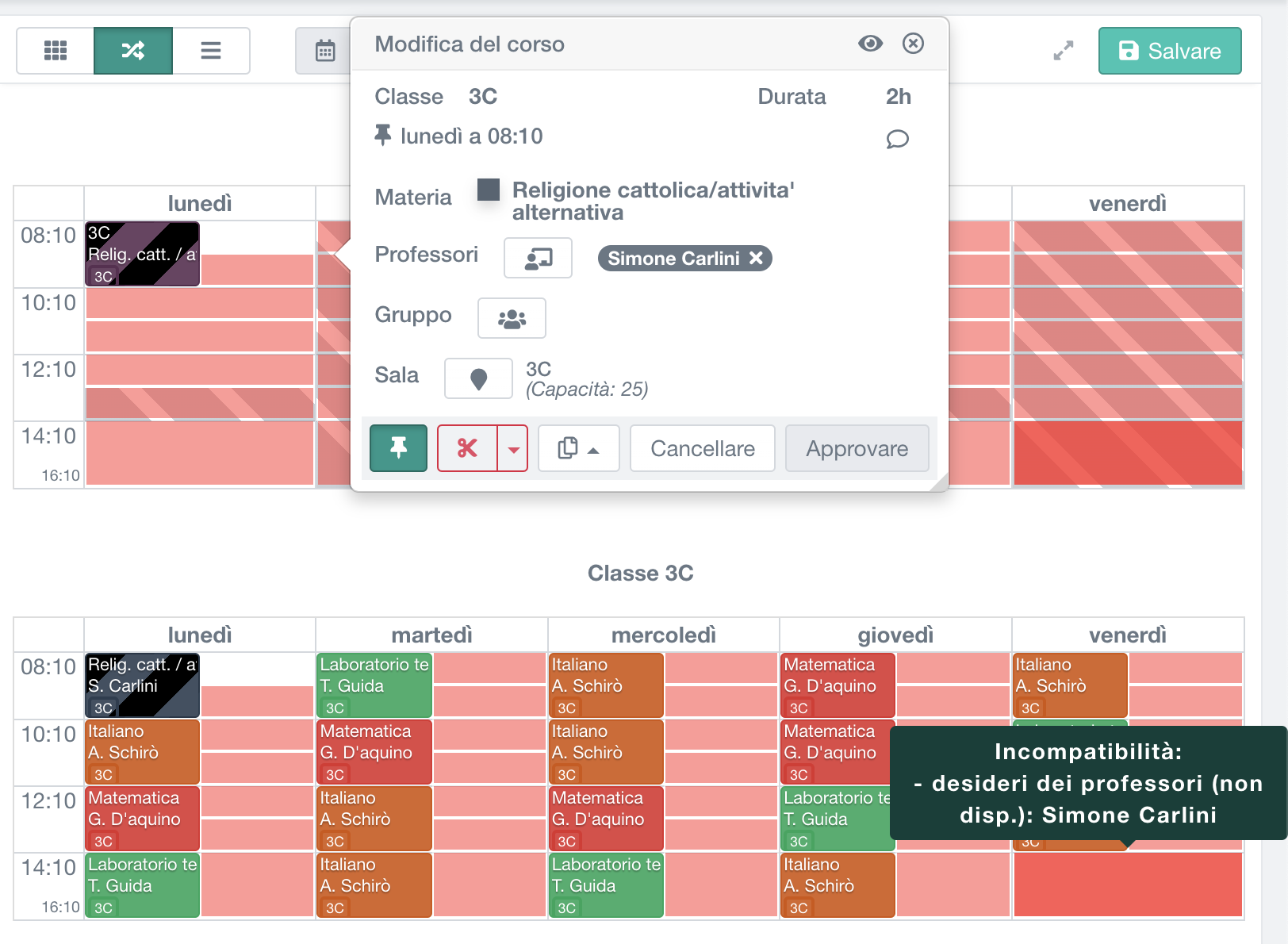 spostamento di una lezione nell'orario delle lezioni di un professore, mostrando tutti gli slot possibili (verde) e quelli in conflitto (rosso), in particolare a causa di indisponibilità indicate (preferenze)