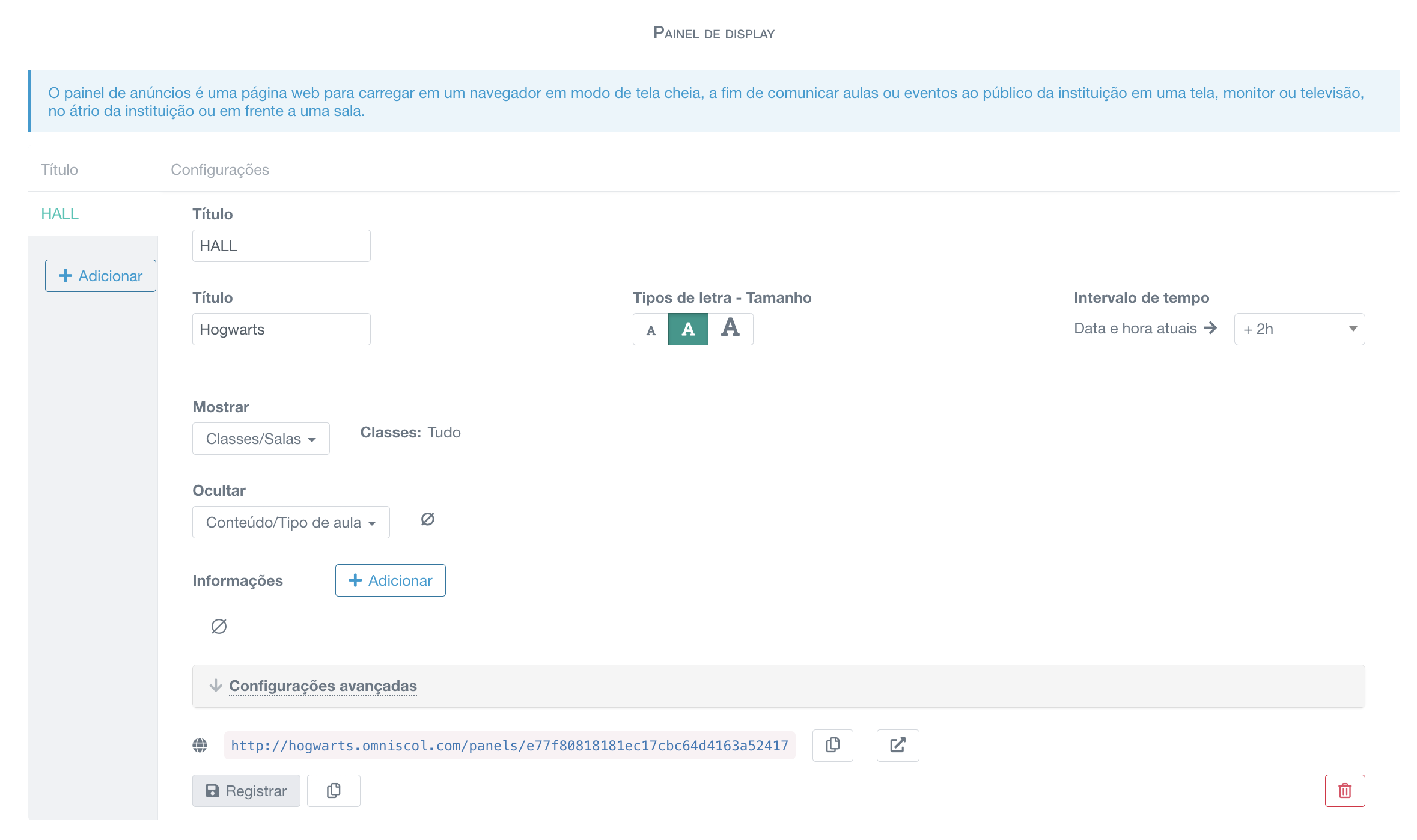 configuração do painel de informação da escola