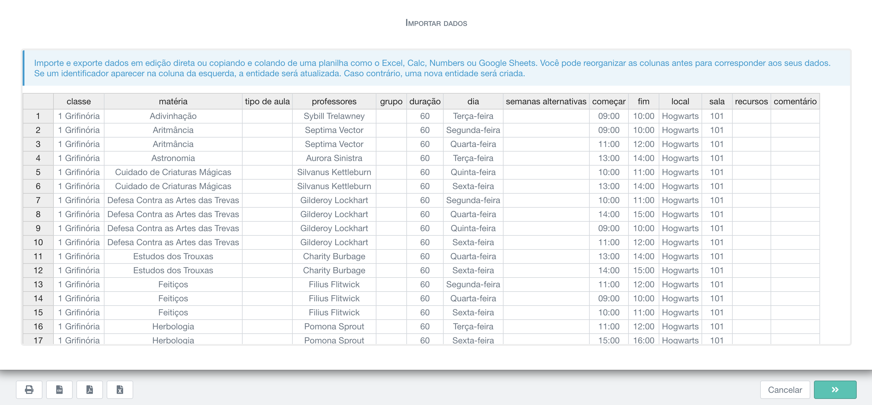 importação em massa de um horário completo através de uma lista de aulas copiada e colada de uma planilha (Excel, Google Sheets, Numbers, etc.)
