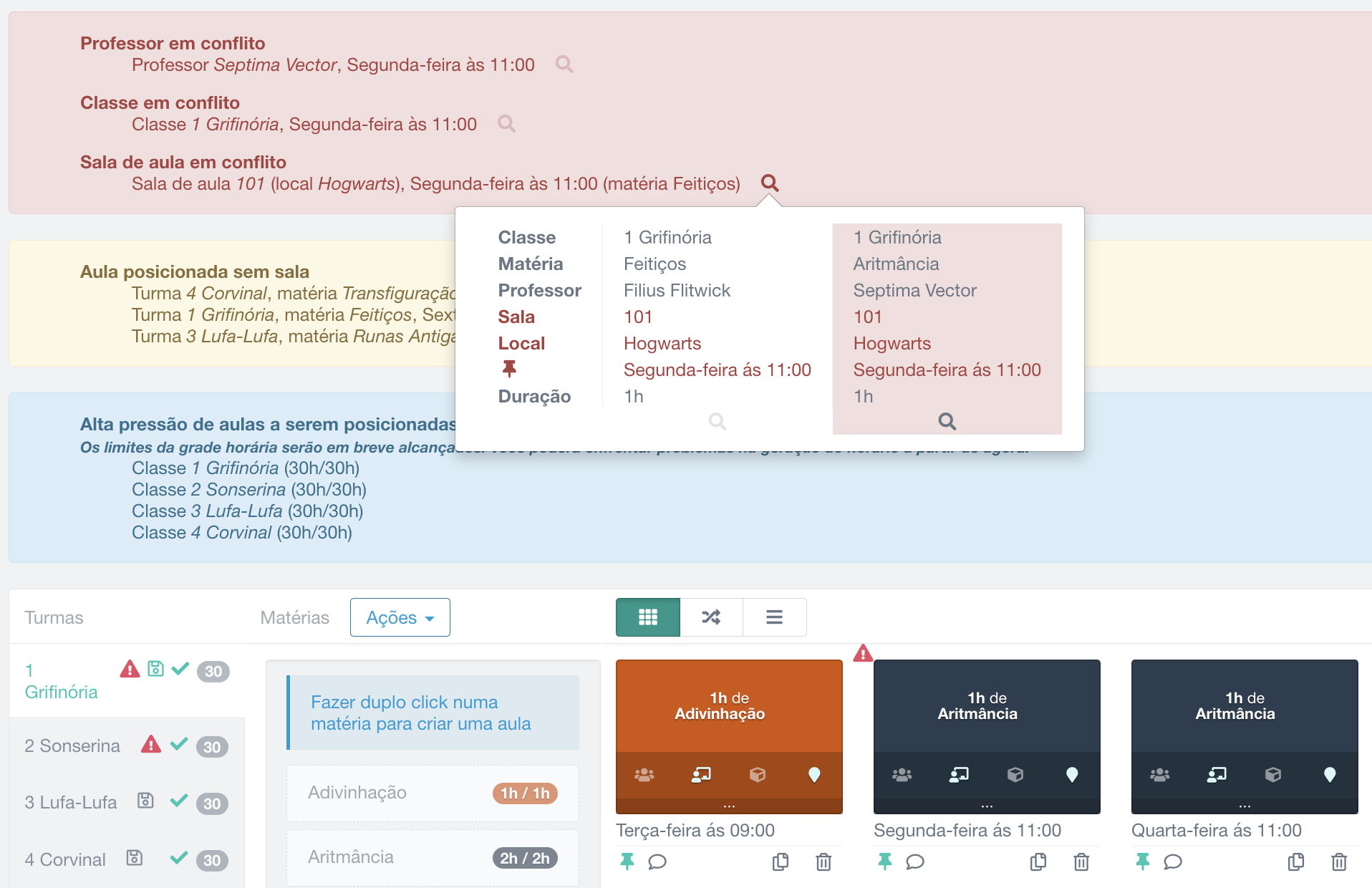 detecção de problema: alerta para professor em conflito entre duas aulas