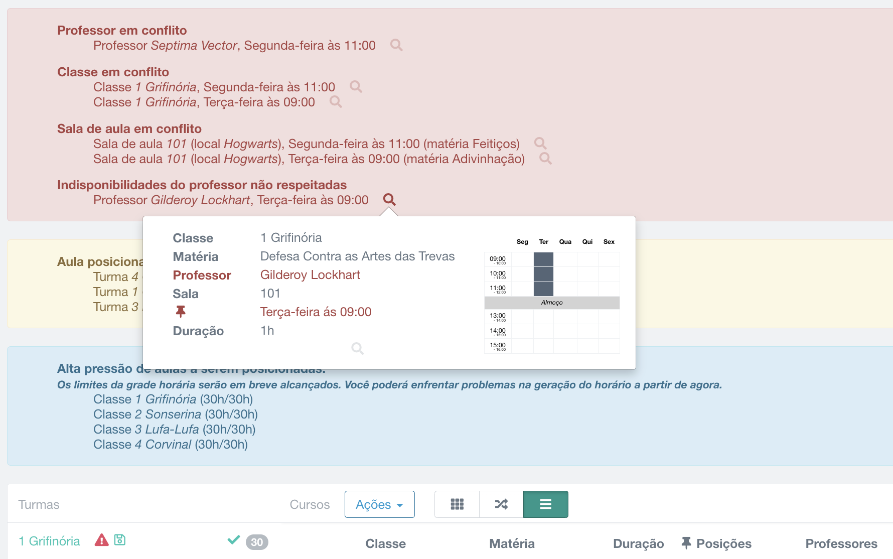 detecção de problema: alerta para disponibilidade de professor não respeitada