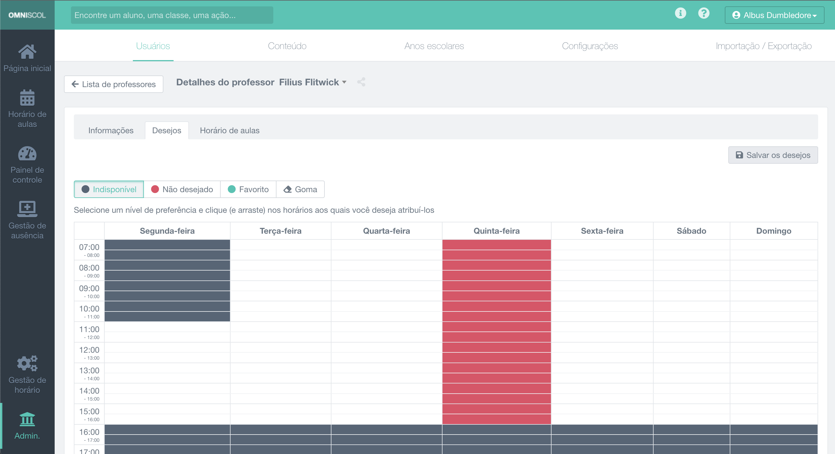 gestão das preferências dos professores em um horário, onde cada período de cada dia é representado como indisponível (preto), não desejado (vermelho) ou preferido (verde)