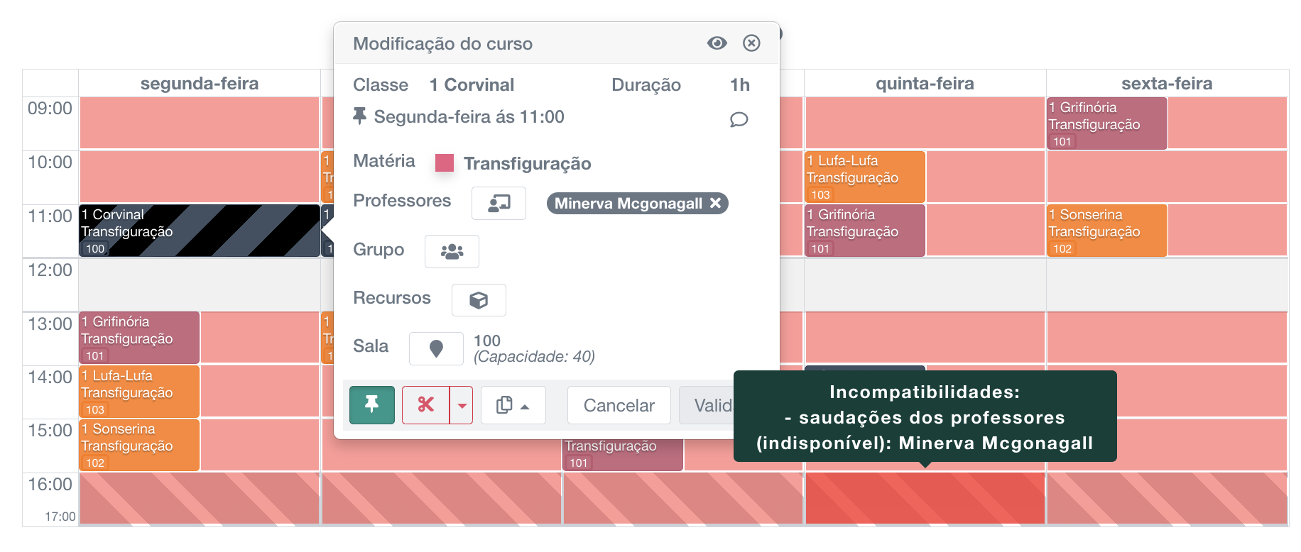 deslocamento de uma aula no horário de um professor, mostrando todos os horários possíveis (verde) e os que estão em conflito (vermelho), especialmente devido à indisponibilidade indicada (preferências)